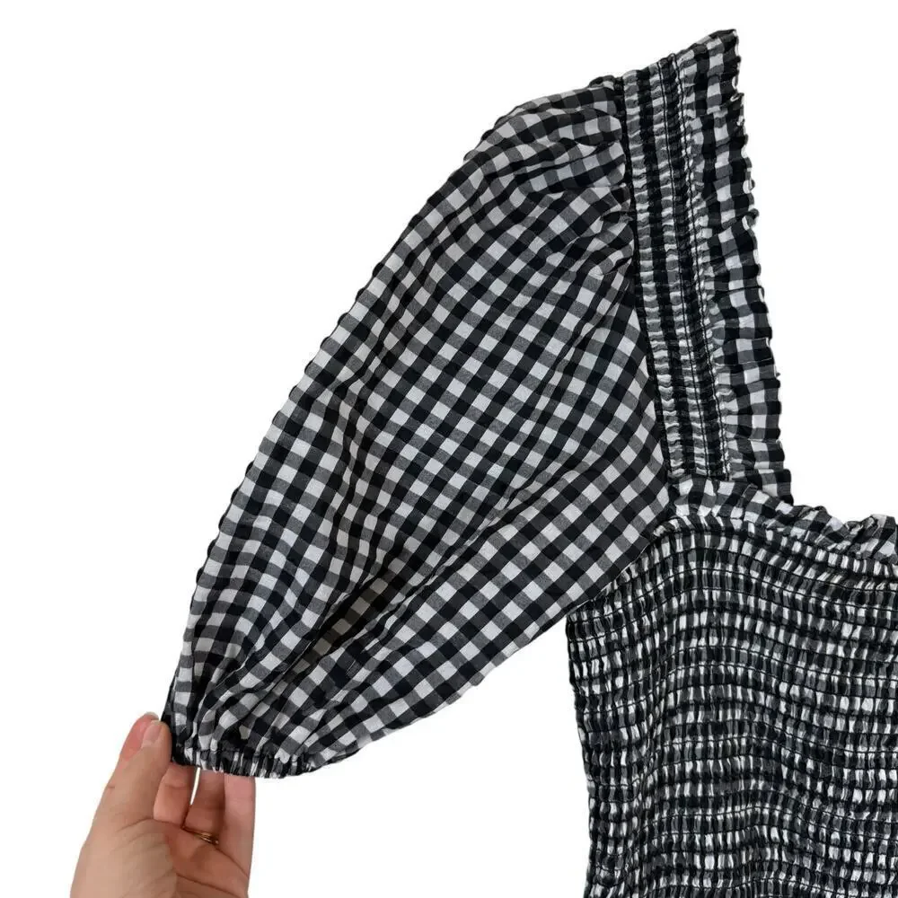 Ganni Gingham Check Seersucker Square Neck Puff Sleeve Dress Black White 12/44